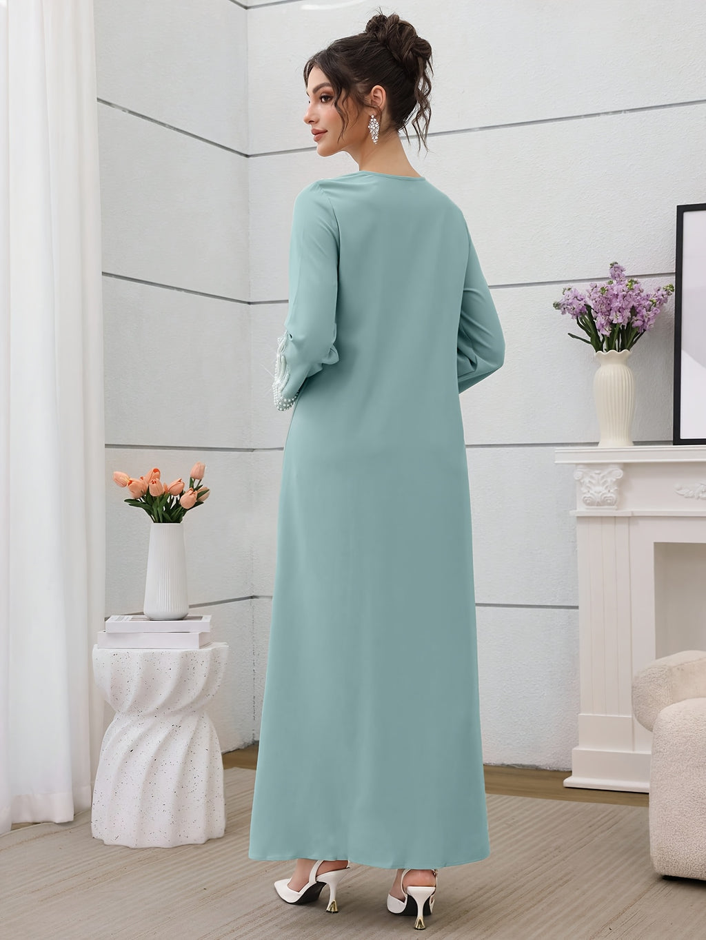 Najma Ladies' Loose Embroidered & Studded Long Robe for Festivals, Modest KaftanLadies' Loose Embroidered & Studded Long Robe for Festivals, Modest Kaftan - Malachite Green