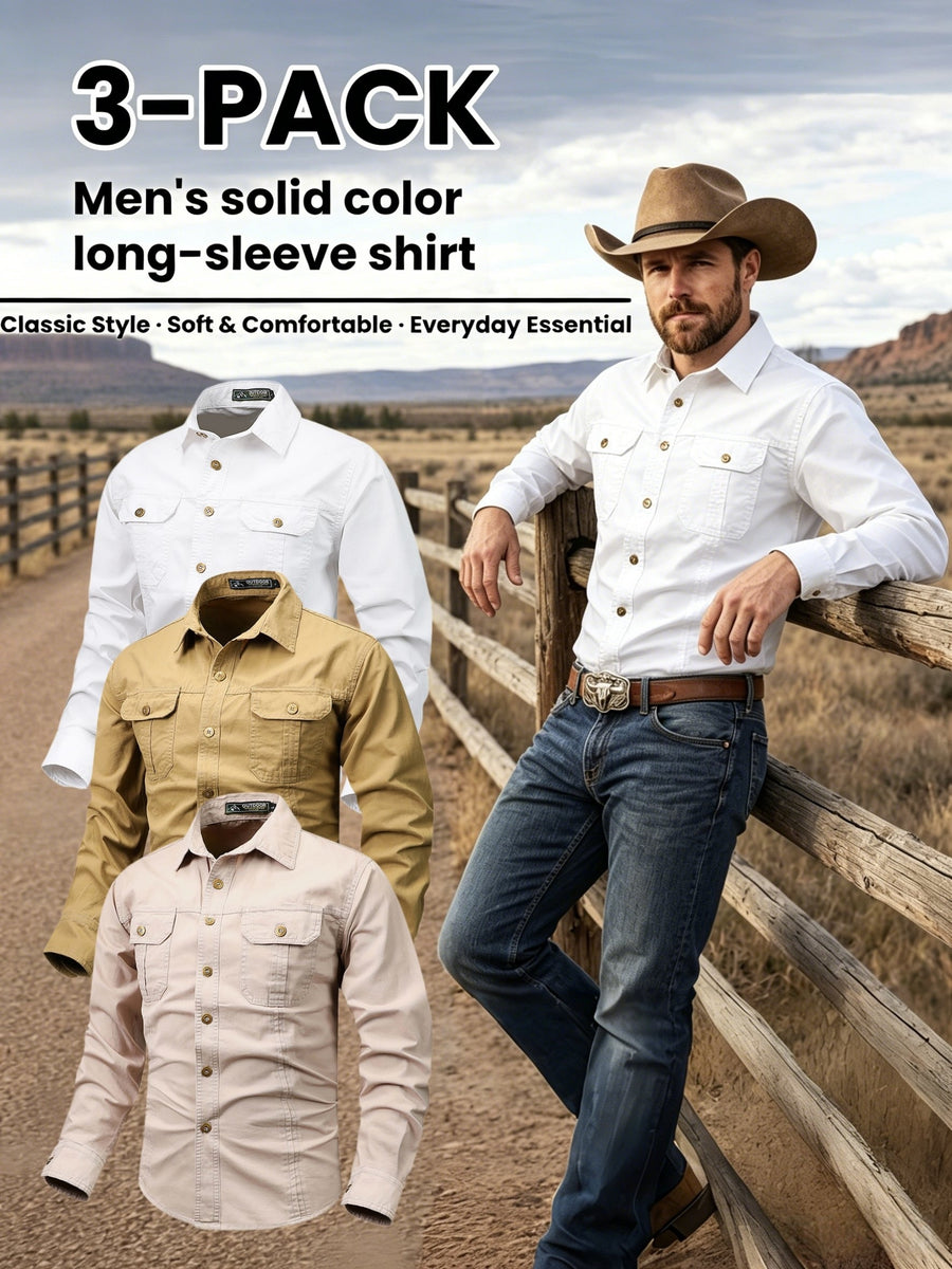 Men'S 3pcs Set of Solid Color Long-Sleeve Work Shirts, Double-Pocket Practical Western Style Shirts, Suitable for Outdoor, Construction Site, Commuting And Various Indoor/Outdoor Scenarios, Autumn Menswear - White+Khaki+Grandma Gray