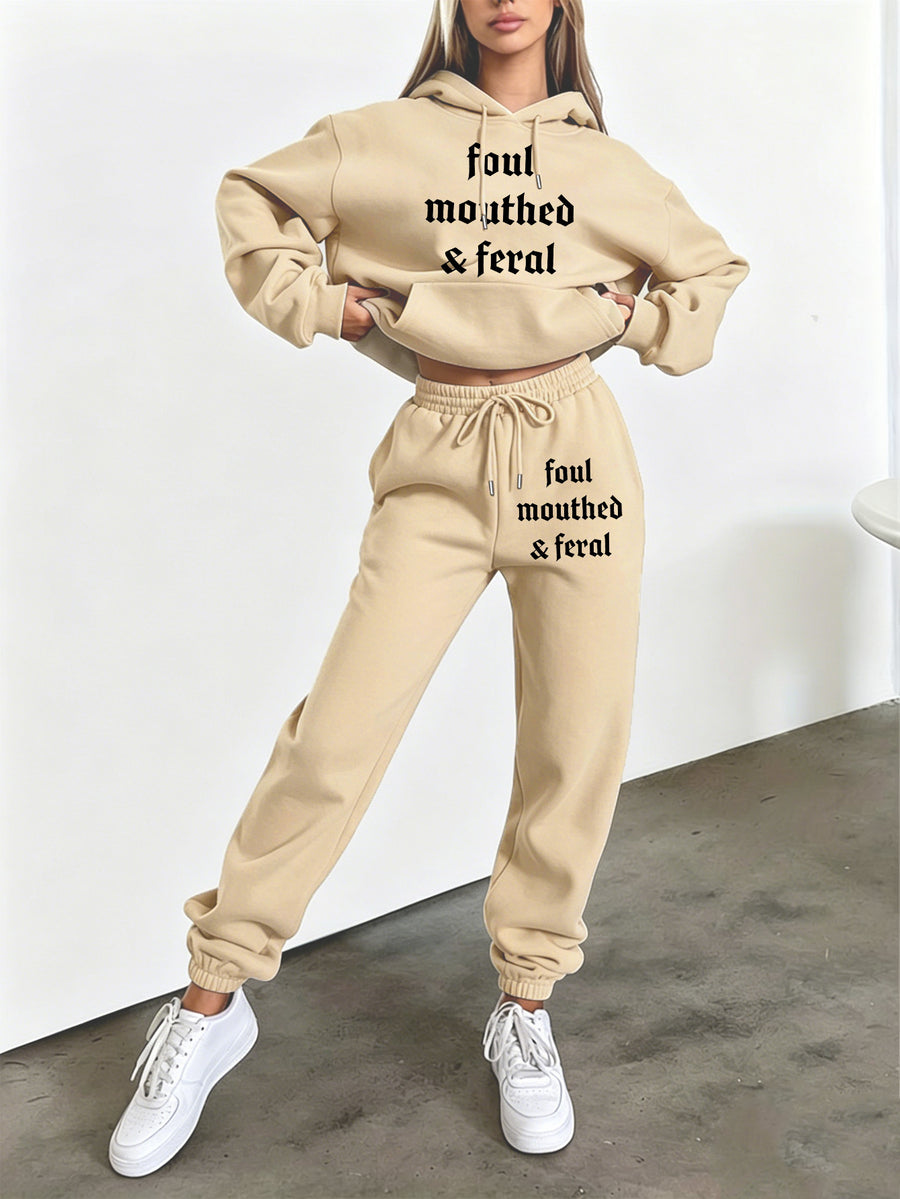 Autumn/Winter Trendy Fashion Women's Hooded Drawstring Sweatshirt and Sweatpants Set. Features a Hooded Drawstring Design and a Front Kangaroo Pocket on the Sweatshirt for Comfortable Cold-weather Wear. Classic Silhouette with a Comfortable Fit. - Apricot