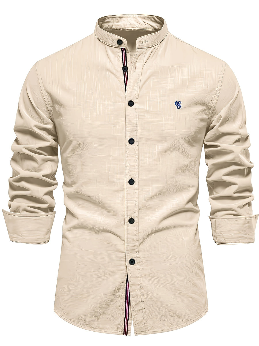 Men's Lapel Collar Long-sleeved Shirt, High-quality Solid Color Business Casual Top, Suitable for Spring and Autumn - Apricot