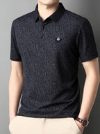 [Saa Xing OBM] 1pc Spring/Autumn New Men'S Polo Shirt, Old Money Style Textured Contrast Print Half-Button Collar Short Sleeve T-Shirt, Fashionable And Versatile Pullover Base Layer Top, Suitable for Spring, Summer, Autumn Wear, Fits Daily Casual - Black