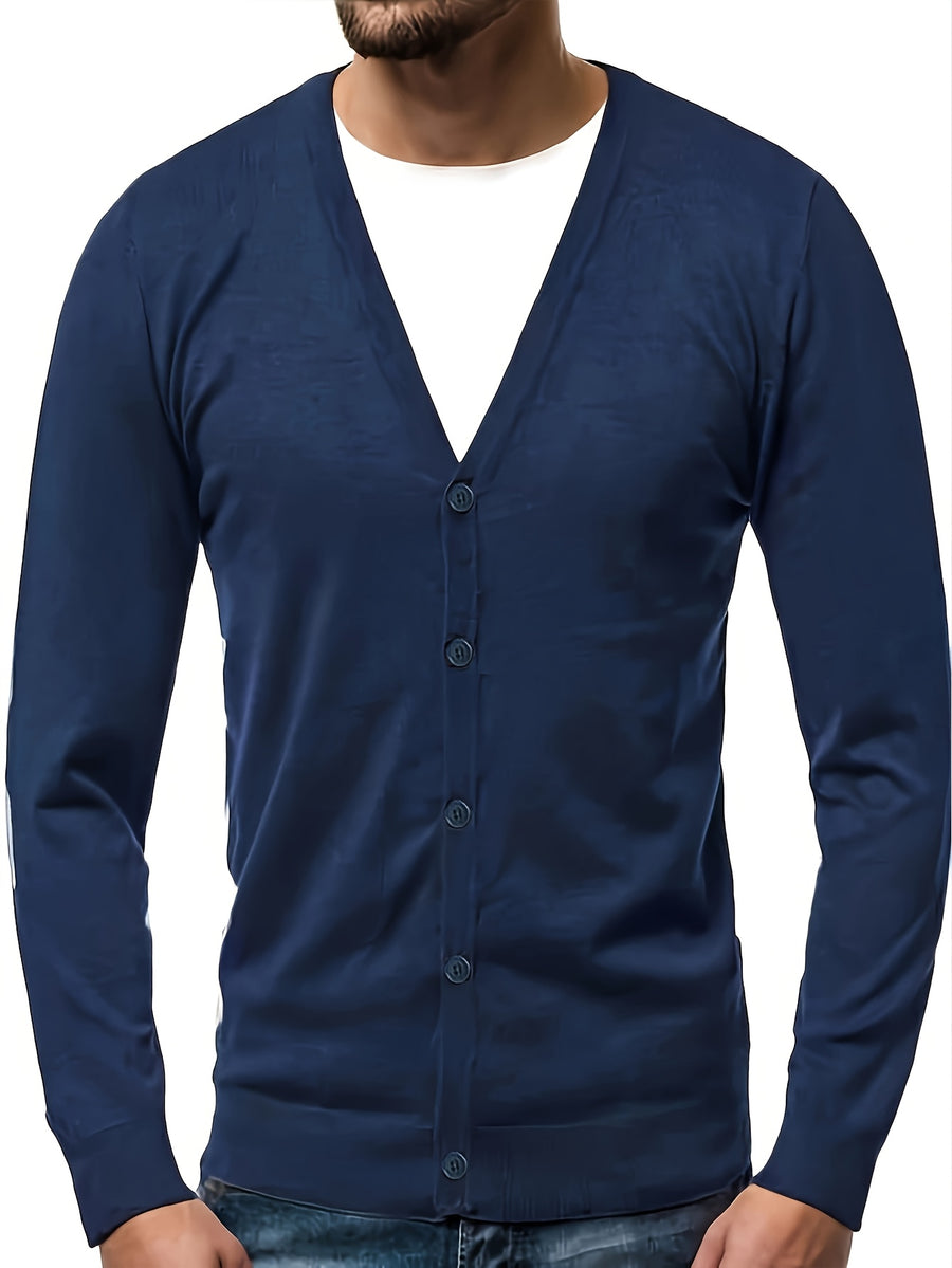 Men's Classic V-Neck Sweater - Elegant Button-Front Cardigan, Soft Knit Sweater for Fall/Winter, Office & Formal Events - Easy-Care Everyday Chic Sweater Coat, Sweater Cardigan, Winter Wardrobe Essential, Modern Vneck Design, Solid Color Design - Royal Blue