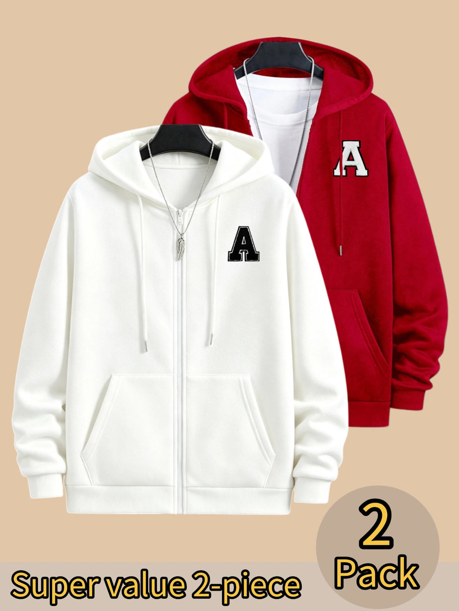 50% Cotton, 50% Polyester, 2-Pack Men's Zippered Hooded Fleece-Lined Sweatshirt, Men's Clothing, Long-Sleeve Fleece Jacket, Zippered Top, Hooded Sweatshirt, Pockets, Drawstring, Suitable for Outings, Casual Wear, Back-to-School Season - White+Red