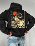 Men'S Fashion Hoodie Pullover with "Japanese Red Sun, Waves, Mountain Scenery, Ukiyo-E, National Style" Print, Trendy Style, Autumn/Winter Drawstring Regular Fit Warm Sweatshirt, Daily Commute, City Casual, Sports, Outing Wear - Black