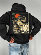 Men'S Fashion Hoodie Pullover with "Japanese Red Sun, Waves, Mountain Scenery, Ukiyo-E, National Style" Print, Trendy Style, Autumn/Winter Drawstring Regular Fit Warm Sweatshirt, Daily Commute, City Casual, Sports, Outing Wear - Black