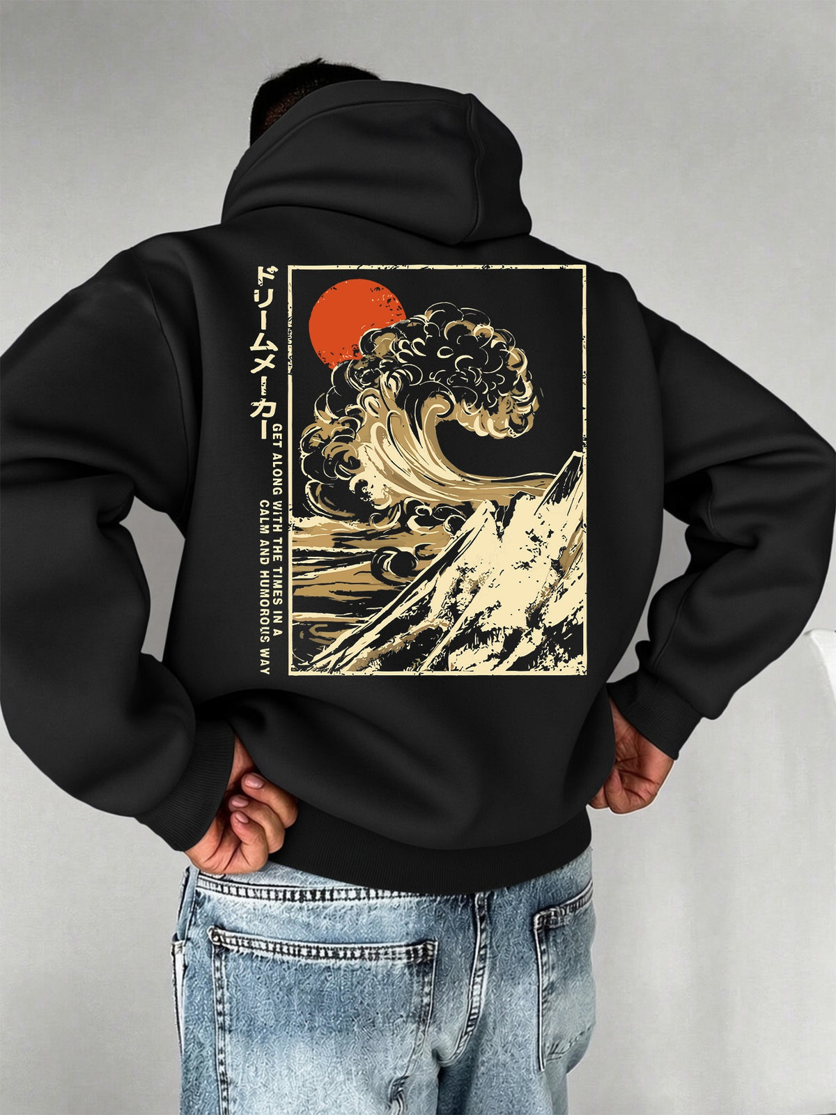 Men'S Fashion Hoodie Pullover with "Japanese Red Sun, Waves, Mountain Scenery, Ukiyo-E, National Style" Print, Trendy Style, Autumn/Winter Drawstring Regular Fit Warm Sweatshirt, Daily Commute, City Casual, Sports, Outing Wear - Black