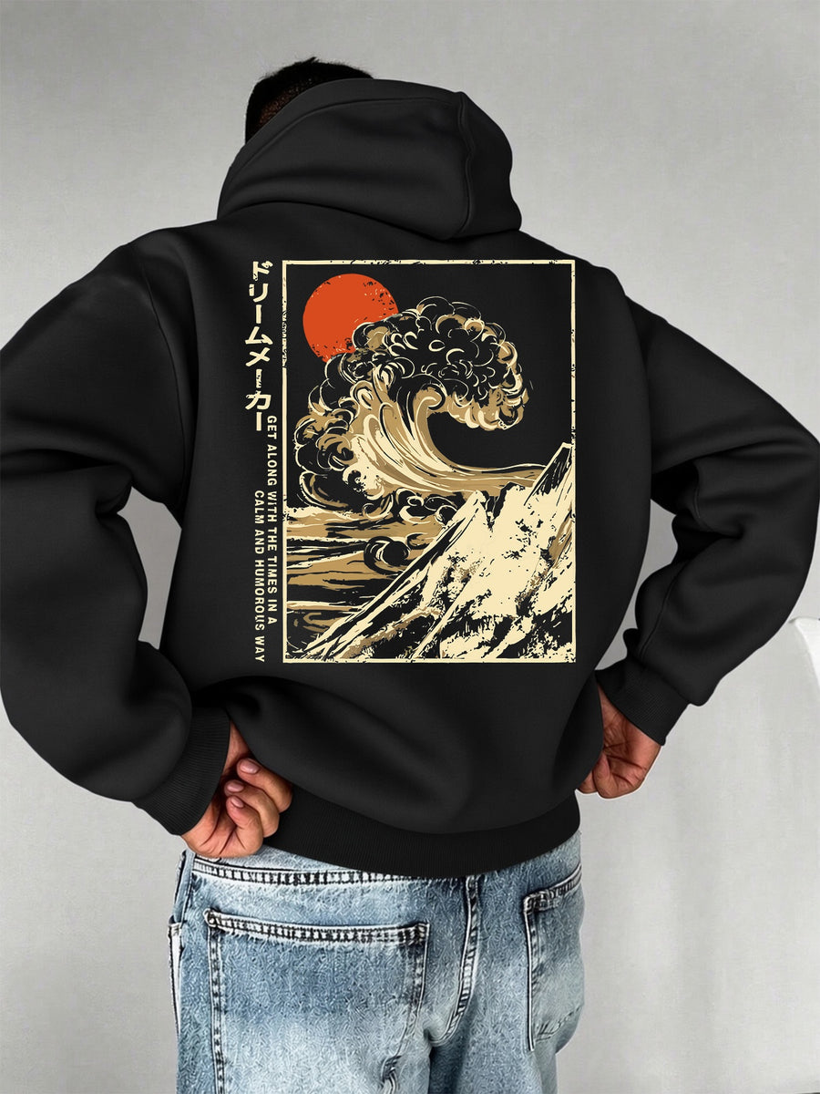 Men'S Fashion Hoodie Pullover with "Japanese Red Sun, Waves, Mountain Scenery, Ukiyo-E, National Style" Print, Trendy Style, Autumn/Winter Drawstring Regular Fit Warm Sweatshirt, Daily Commute, City Casual, Sports, Outing Wear - Black
