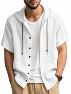 Men's 2pcs Short-Sleeve Hoodie Shirt, Regular Fit, Lightweight Open Cardigan, Vacation Casual Top - Green+Light White