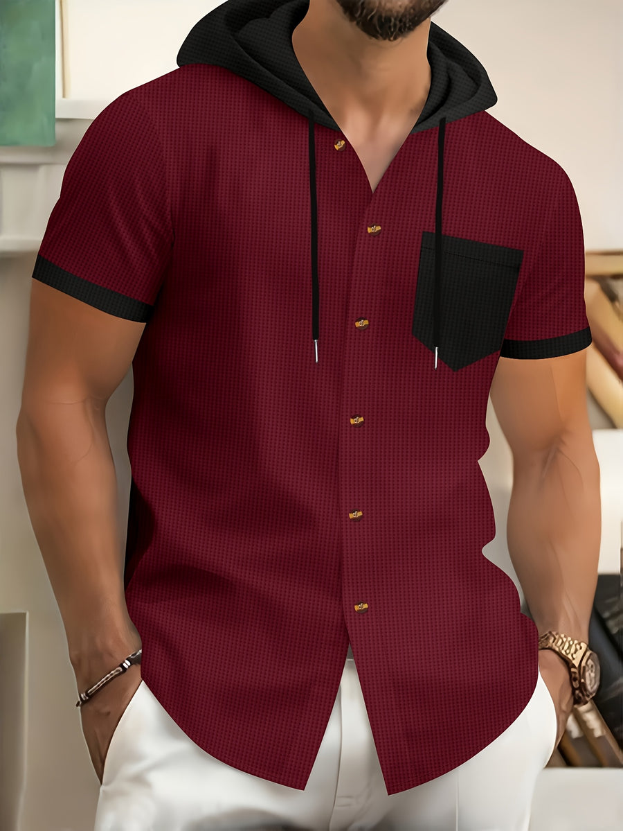 New Summer Shirt with Hooded Men'S Wear, Casual, Loose, Fashionable, Athletic, Home Workout, Camping, Fitness, Beach Shirt, Solid Color, Trendy, Youthful Fashion, Premium, Short Sleeve, Summer Premium Men'S Shirt - Burgundy