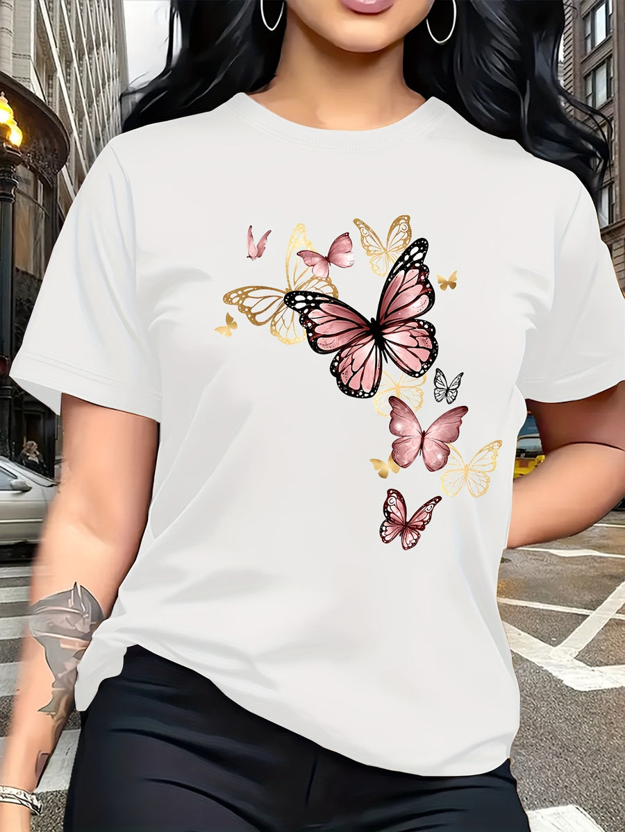 Watercolor Style Butterfly Pattern Print, Fashion Breathable T-Shirt, Family Travel, Campus, Casual, Daily Commute, Sisters' Matching Outfit, Versatile T-Shirt - White