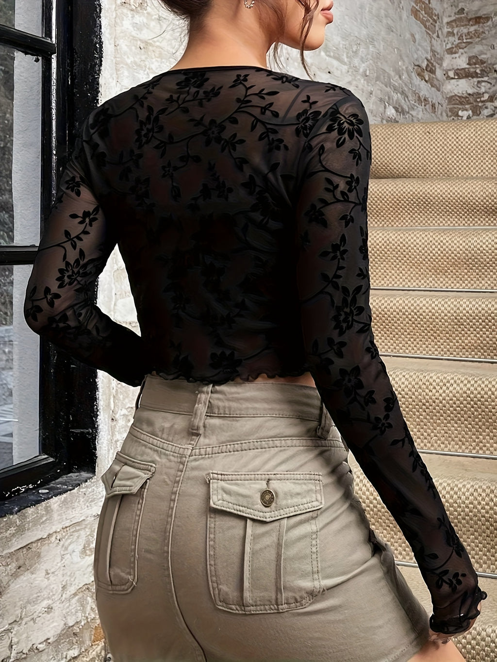 Women's Spring/Summer Elegant Floral Mesh Lace-Up Ruffle Bell Sleeve Blouse - Black
