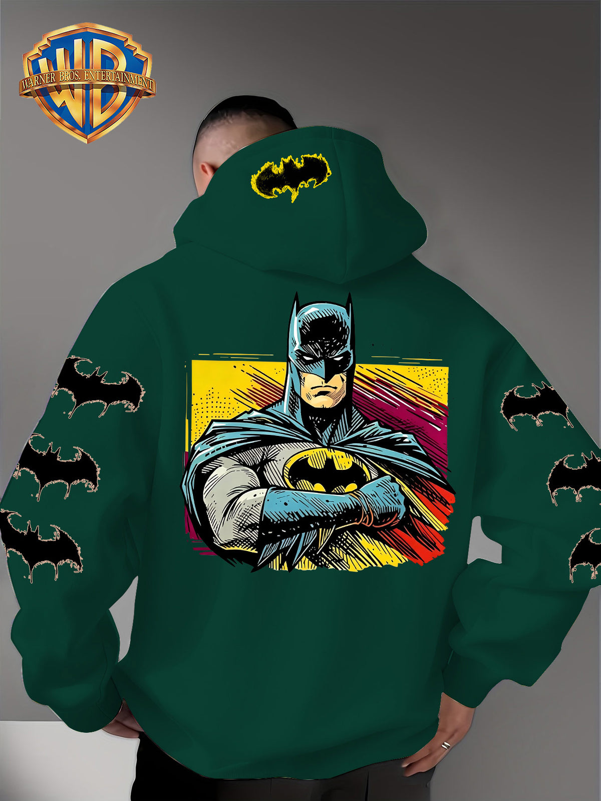 Men'S Hooded Sweatshirt, Batman Classic Image Print, Large Heroic Pattern on Back, Multiple Bat Logos on Sleeves, Exclusive Bat Emblem on Back of Hood, Trendy Street Style Design, Rich Details with Strong Visual Impact - Green