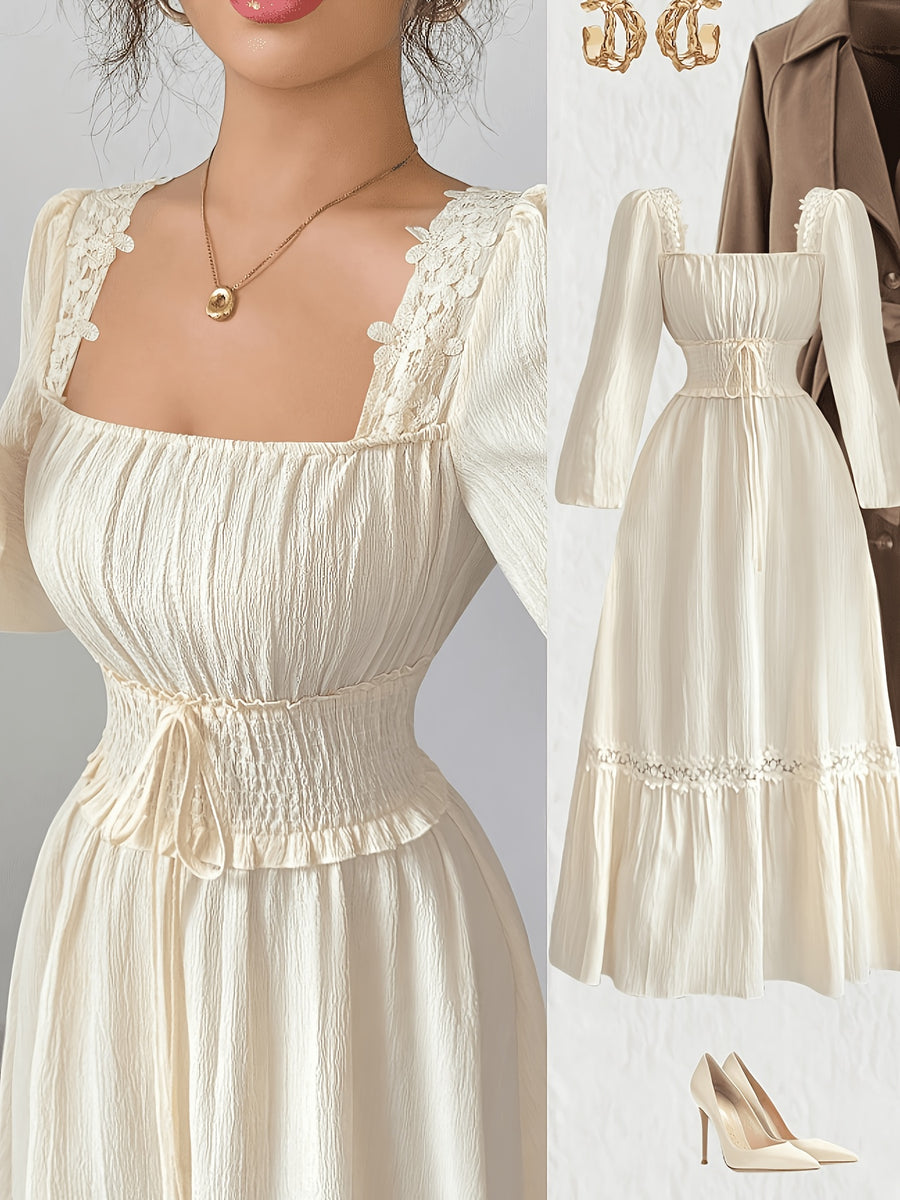 New Spring/autumn Cream Yellow French Ruffle Square Neckline Elegant Slim-fit Long-sleeved Dress, Women's Autumn - Apricot