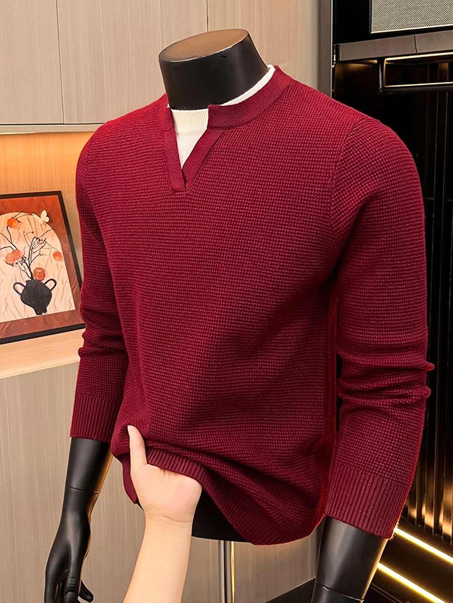 Men'S Waffle Fake Two-Piece V-Neck Knit Long Sleeve Top, Burgundy And White Contrast, Focus on Atmospheric Autumn Casual Wear - SINBOS - Red
