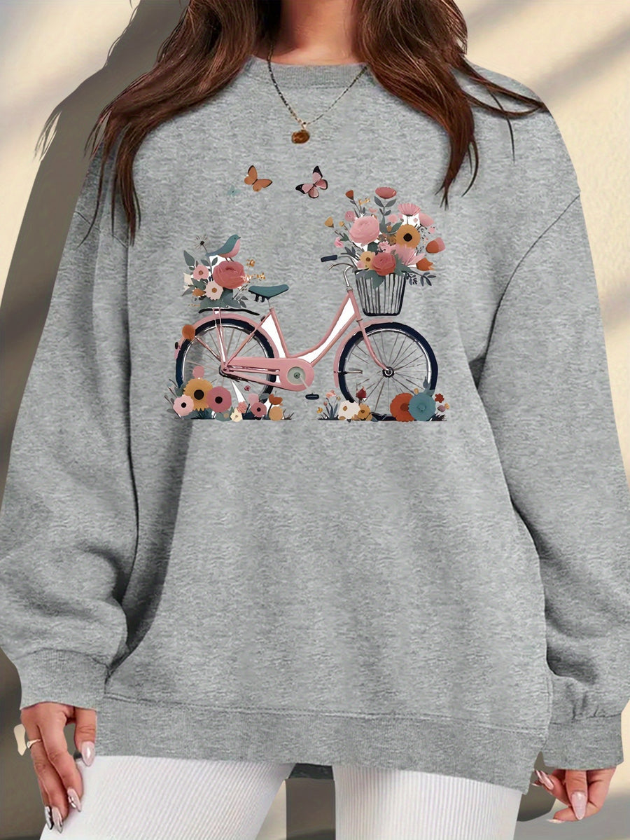 Plus Size, Extended Apparel: Women's Spring/Autumn/Winter Cross-Border European & American Plus-Size Simple Graphic Print Sweatshirt, Casual Crew Neck Sweatshirt, Women's Plus-Size Sweatshirt - Grey