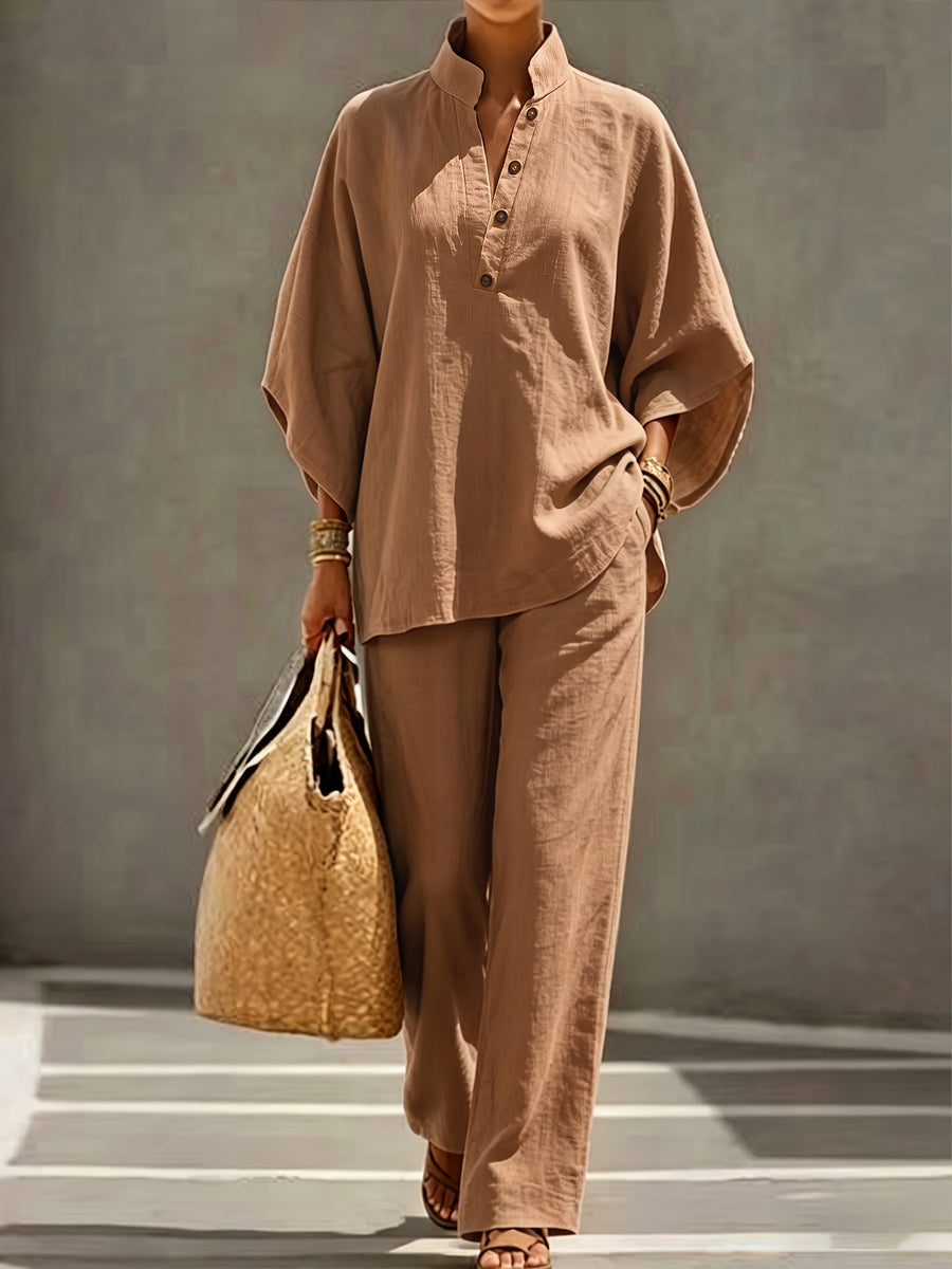[PLMM] Spring Autumn Winter Women'S Fabric Button Short Collar Fashion Casual Two-Piece Long Pants Set - Rose Golden