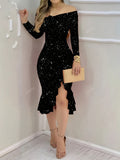 Fashion Elegant Off-Shoulder Long Sleeve Solid Color Thigh-High Slit Dress with Ruffled Hem for Glamorous Parties - Black