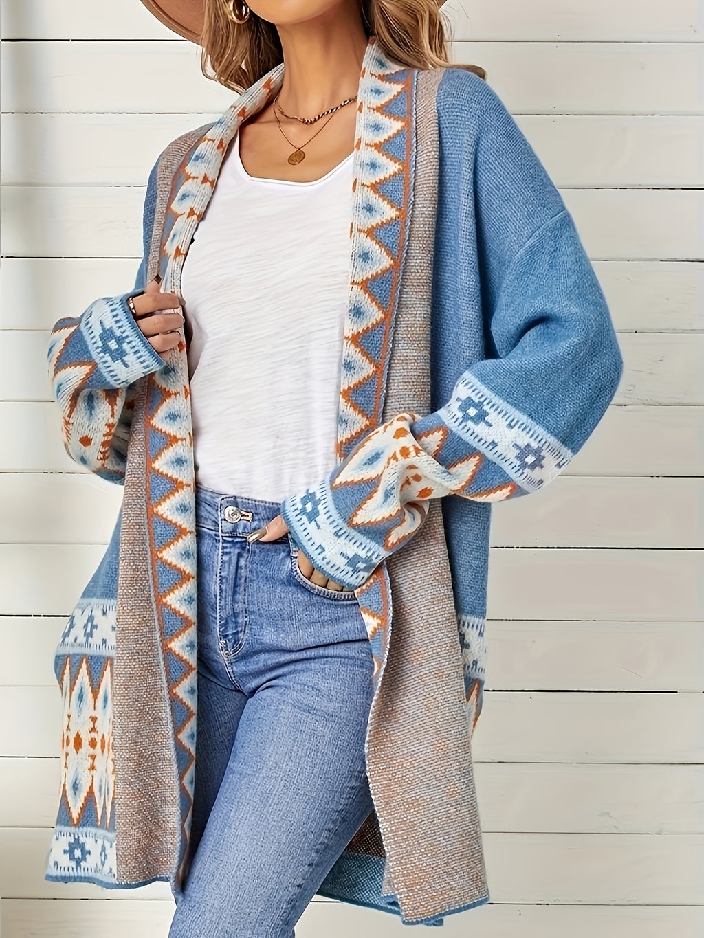 Plus Size - Plus Size - Women'S Fall Winter Cardigan, Preppy Style Outerwear, Soft And High-Quality Sweater Coat - Blue