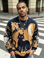 ANDREILEE Men's Cat-Themed Sweater with Tassel Trim - Loose Fit Ribbed Knit Sweater Suitable for Daily Commute & Home Wear, Cozy Crew Neck Long Sleeve Pullover, Fall Winter Warm Sweater for Casual Outfits, Hand Washable Cat Pattern Top - Blue