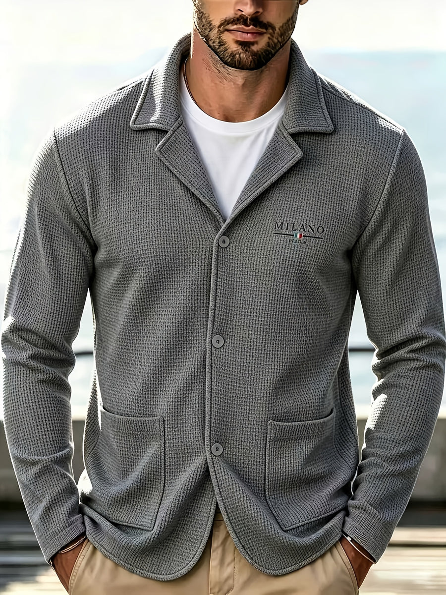 Men'S Spring Autumn New Waffle Check Blazer Collar Cardigan Single Button Double Pocket Business Casual All-Match Long Sleeve Jacket, Knit Soft Comfortable Fashion Solid Color Outerwear Suitable for Daily Outings, Dates, Holidays, And Travel - Gray (upgrade)