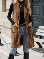 European and American Fashion Corduroy Suit Vest for Women, Slim-Fit Vintage Elegant Long Outer Coat Cardigan - Coffee Color