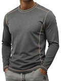 Men's Retro Patchwork T-Shirt - Solid Color Base with Contrast Patch Suitable for Fall/Winter, Round Neck Long Sleeve Casual Layering Top, Machine Washable Blending Shirt for Outdoor & Casual Attire (Regular Fit) - Dark Gray