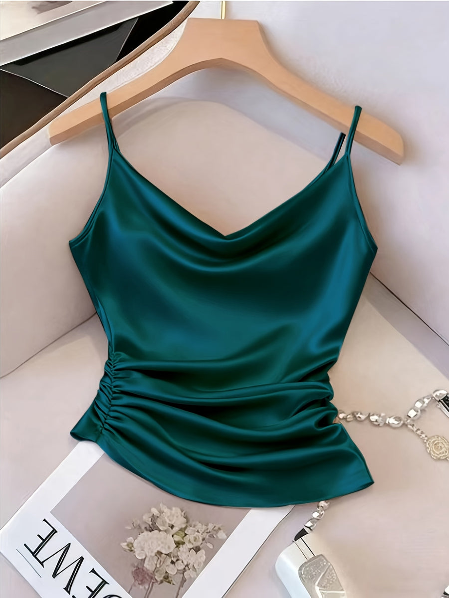 [Development WY260120078] Women's Satin Irregular Hem Side Gathers Daily Fashion Commuting Vacation Camisole Top - Dark Green