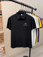 Katemar CRRTMARO Men's Short Sleeve Lapel Polo Shirt - Breathable Business Casual T-Shirt with Lapel Collar, Solid Color Suitable for Summer, Office & Semi-Formal Wear, Regular Fit Half-Sleeve (No Belt) - Black