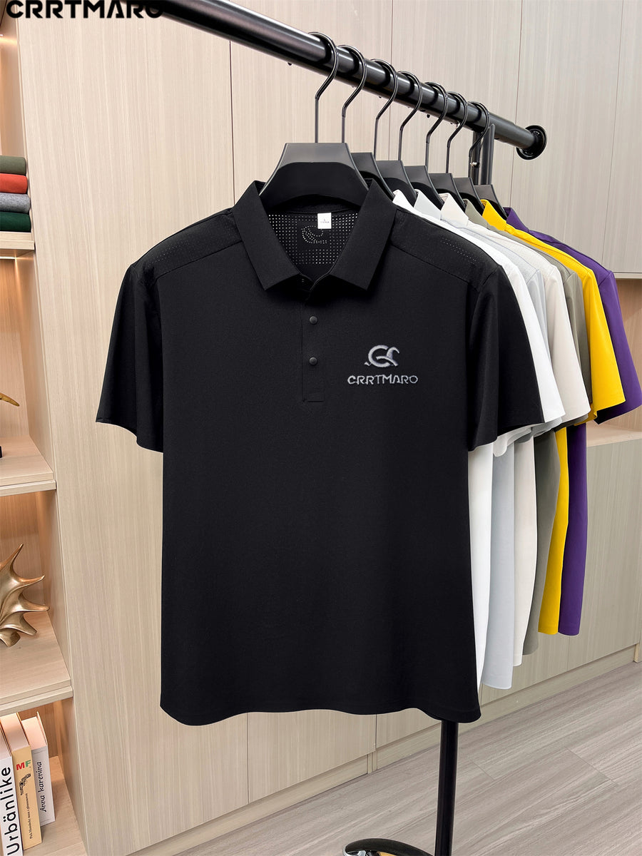 Katemar CRRTMARO Men's Short Sleeve Lapel Polo Shirt - Breathable Business Casual T-Shirt with Lapel Collar, Solid Color Suitable for Summer, Office & Semi-Formal Wear, Regular Fit Half-Sleeve (No Belt) - Black