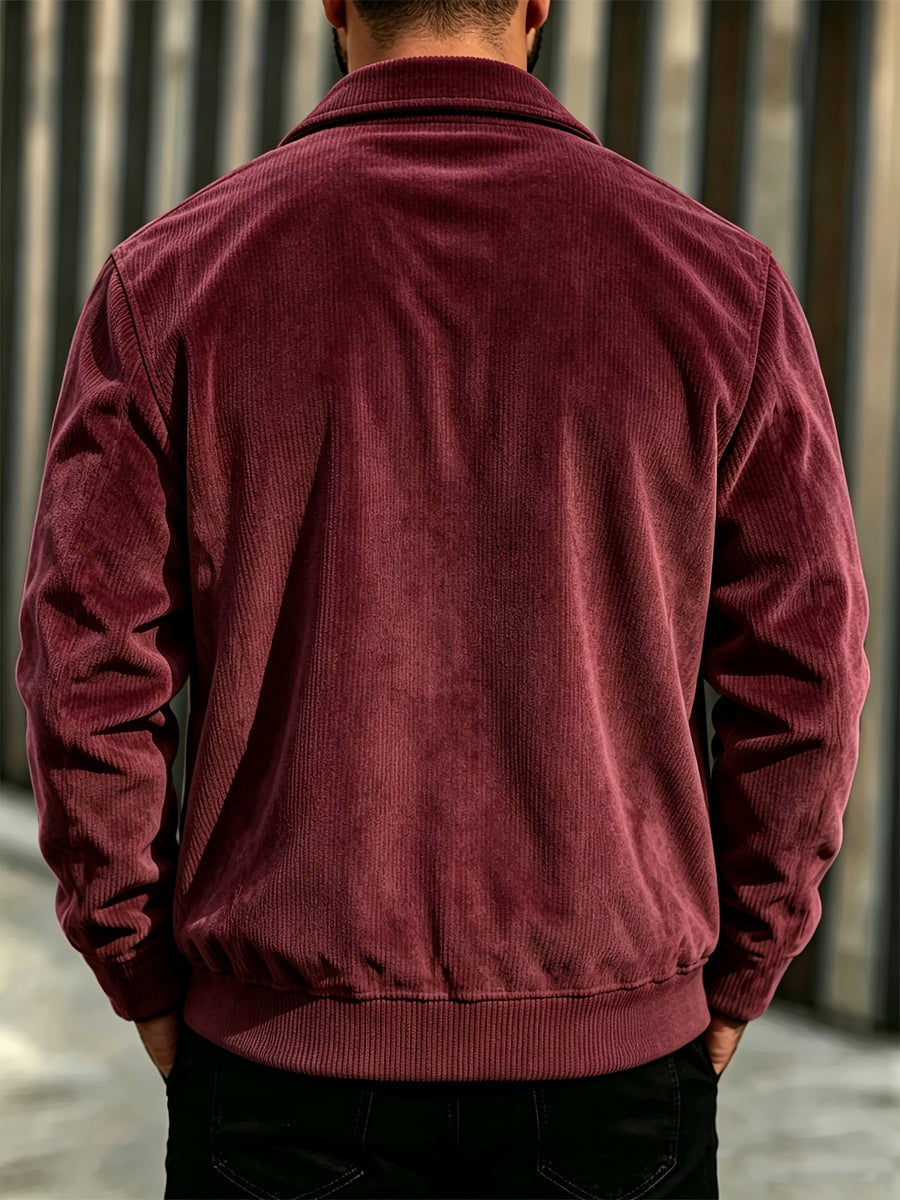 BOWZ Men's Corduroy Jacket Button-Up Cardigan Coat with Stand Collar & Drawstring Hood Suitable for Sports, Casual Commuting Jacket, Corduroy Button-Front Closure, Machine Washable Fall Outerwear, Solid Color Regular Fit Cardigan Gift - Burgundy