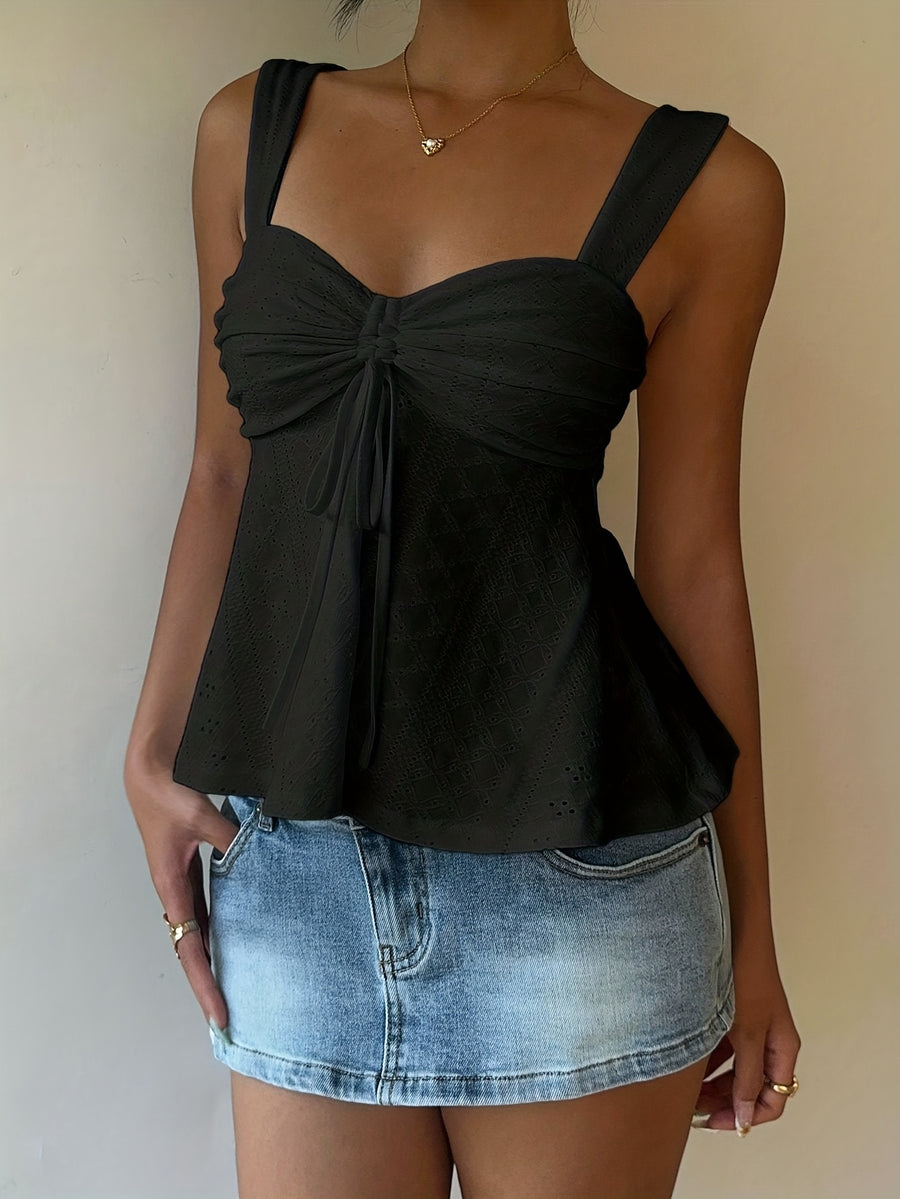 Women's Casual Drawstring Front Tie Camisole, Women's Outerwear Top, Vacation, Cute Top - Black