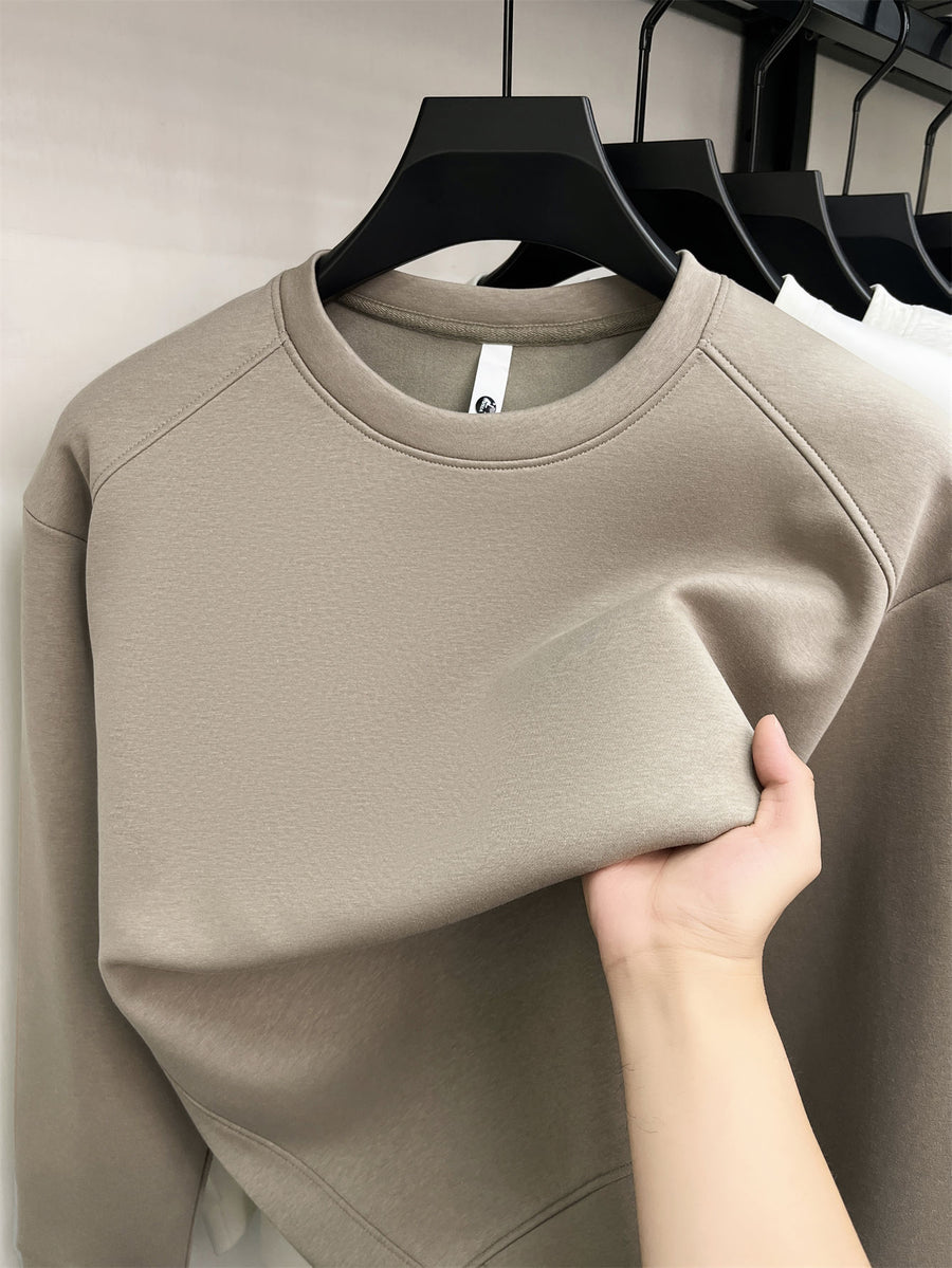 Men's Solid-colored Round-neck Sweatshirt - Khaki