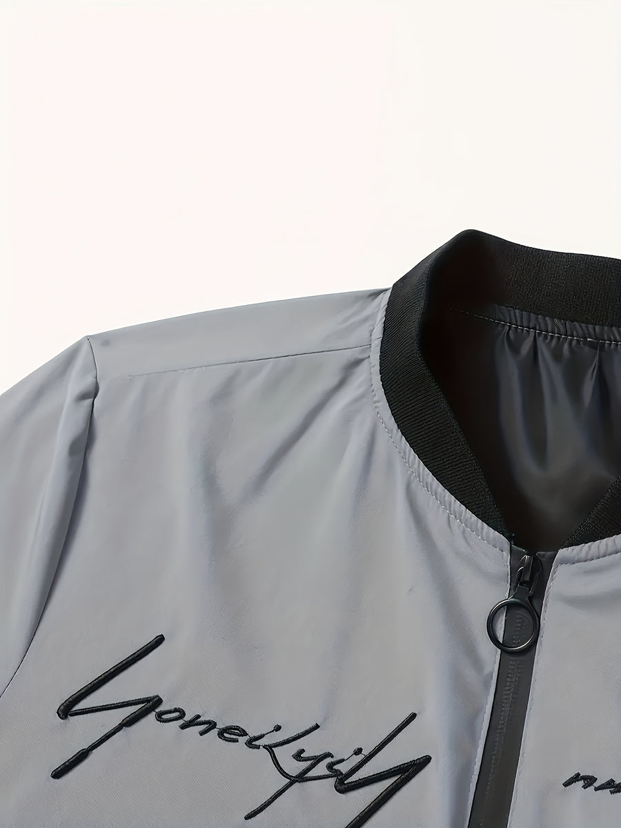 2026 New Men's Casual Windproof Jacket - A Must-Have for Stylish Men, Lightweight for Spring and Autumn, Full Zip Closure with Letter Embroidery, Casual Pilot Jacket Baseball Jacket, Fashionable and Versatile Streetwear Trend, Suitable for Outdoor - Mature Gray