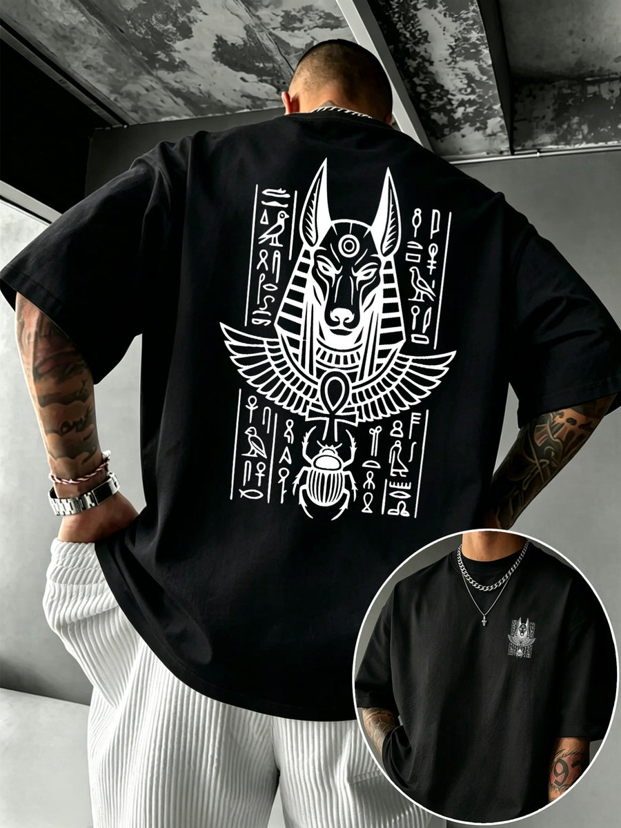 Men's 100% Pure Cotton T-Shirt with Anubis Scarab Egyptian Element Print, Casual, Comfortable, and Breathable for All Seasons - Black