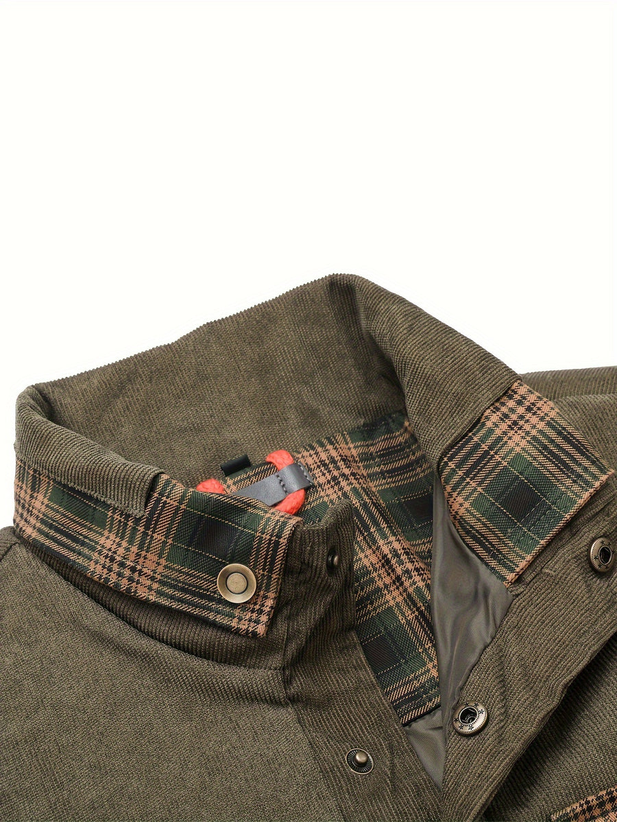 Vintage Plaid Patchwork Jacket Multi-Pocket Men'S Shirt Coat European Casual Workwear Style Easy Travel Layer for Daily Commute & Outdoors Trendy Practical Choice for All Seasons - fern green