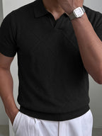 Men's Summer Vintage Rhombus Knit Polo Shirt, Vacation Casual Style Slim Fit Lapel Short Sleeve Sweater, Business Casual Commuter Knit Polo Shirt, a Satisfying Choice for Men - Black