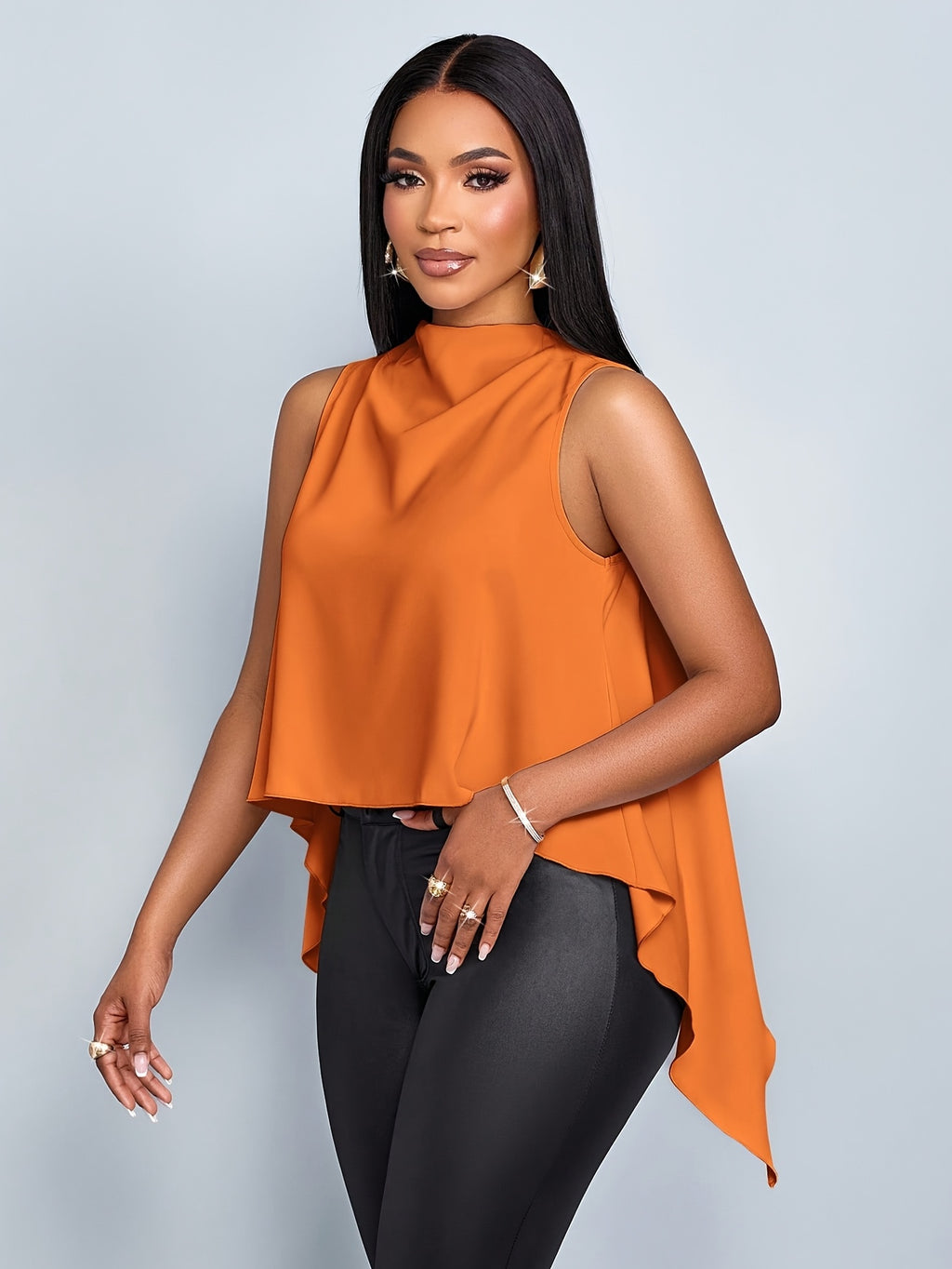Ladies' Spring/Summer Vacation Solid Color Elegant Asymmetrical Hem Sleeveless Shirt - Orange-Red
