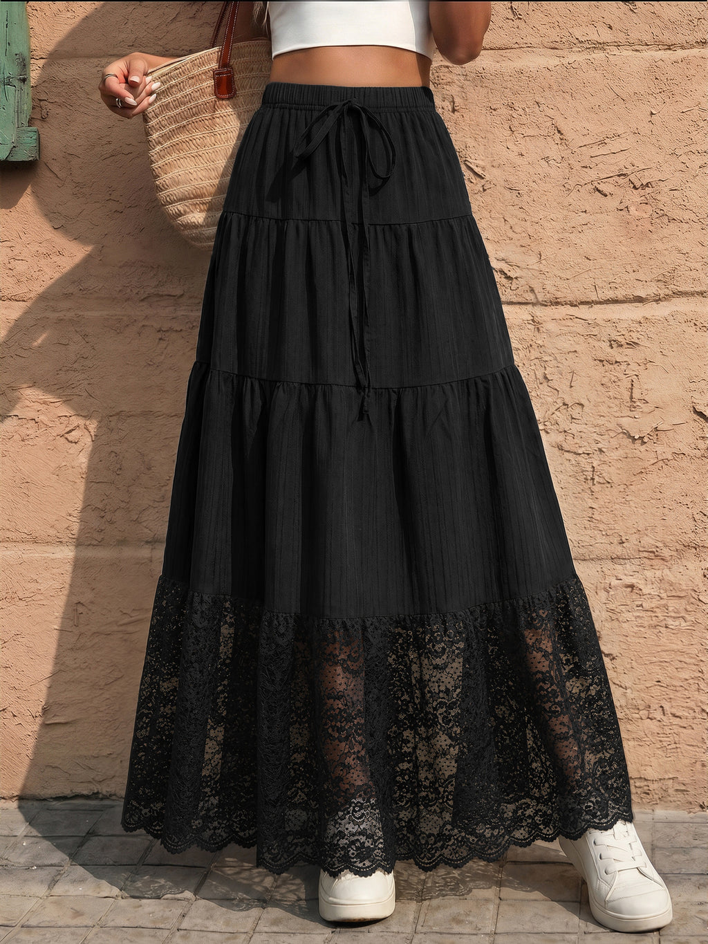 Spring/Summer Solid-Color Drawstring-Detail Cake-Style Long Skirt with Lace Panel Design Perfect for Vacations Casual Wear and Commuting - Black