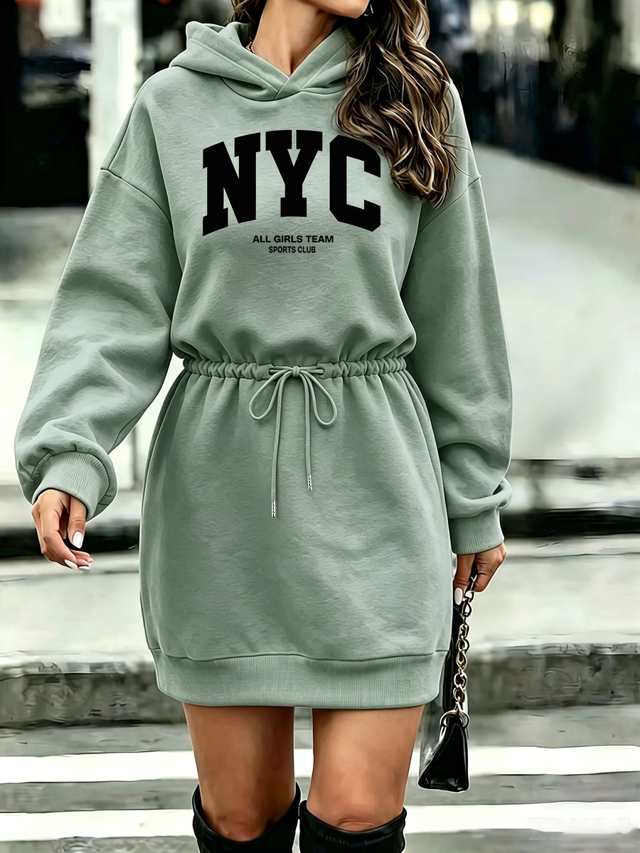 Women'S Tummy Control Drawstring Letter NYC Print Hooded Sweatshirt - Light Green