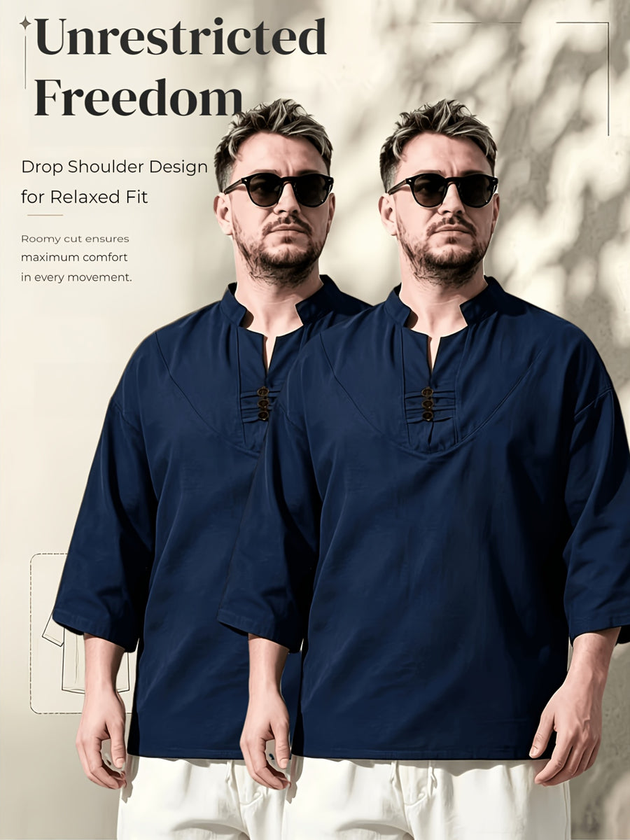 2pcs/Men'S Casual Shirts, New Linen V-Neck Casual Pullover Shirts for Daily Casual Wear, Solid Color 3/4 Sleeve Design, Suitable for Spring, Summer, And Autumn, Quick-Dry Non-Stretch Fabric, Loose Fit, Perfect Gift! - Navy Color