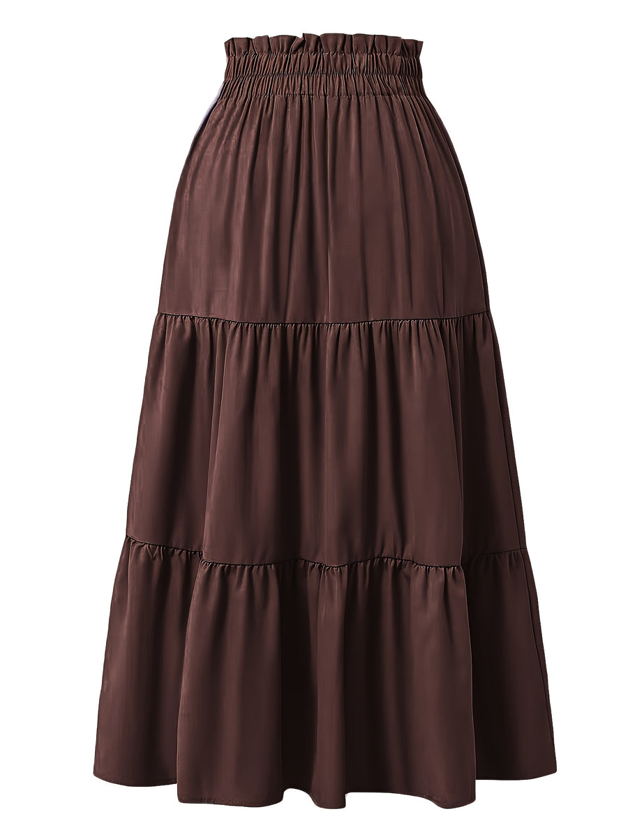 Women's Olive Green Pleated Midi Skirt - Lightweight Adjustable Drawstring Waist, Hand Washable Spring/Summer Elegant Solid Color Skirt for Casual & Formal Outfits, Casual Attire, Nontransparent Fabric, Spring Fashion, Classic Style, Breathable Material - Dark Brown