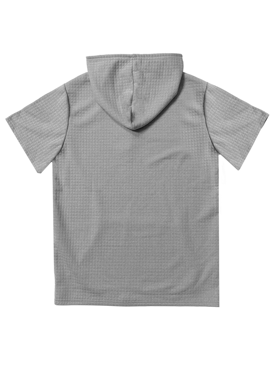 BUILT DIFFERENT Men's Waffle Knit Short-Sleeve Hooded Sweatshirt with Comfortable Print and Drawstring, Pocketed T-Shirt, Summer Casual Fashion Men's Wear, Suitable for Outings and Home Wear, Ideal for Daily and Formal Occasions, Simple Summer - Grey