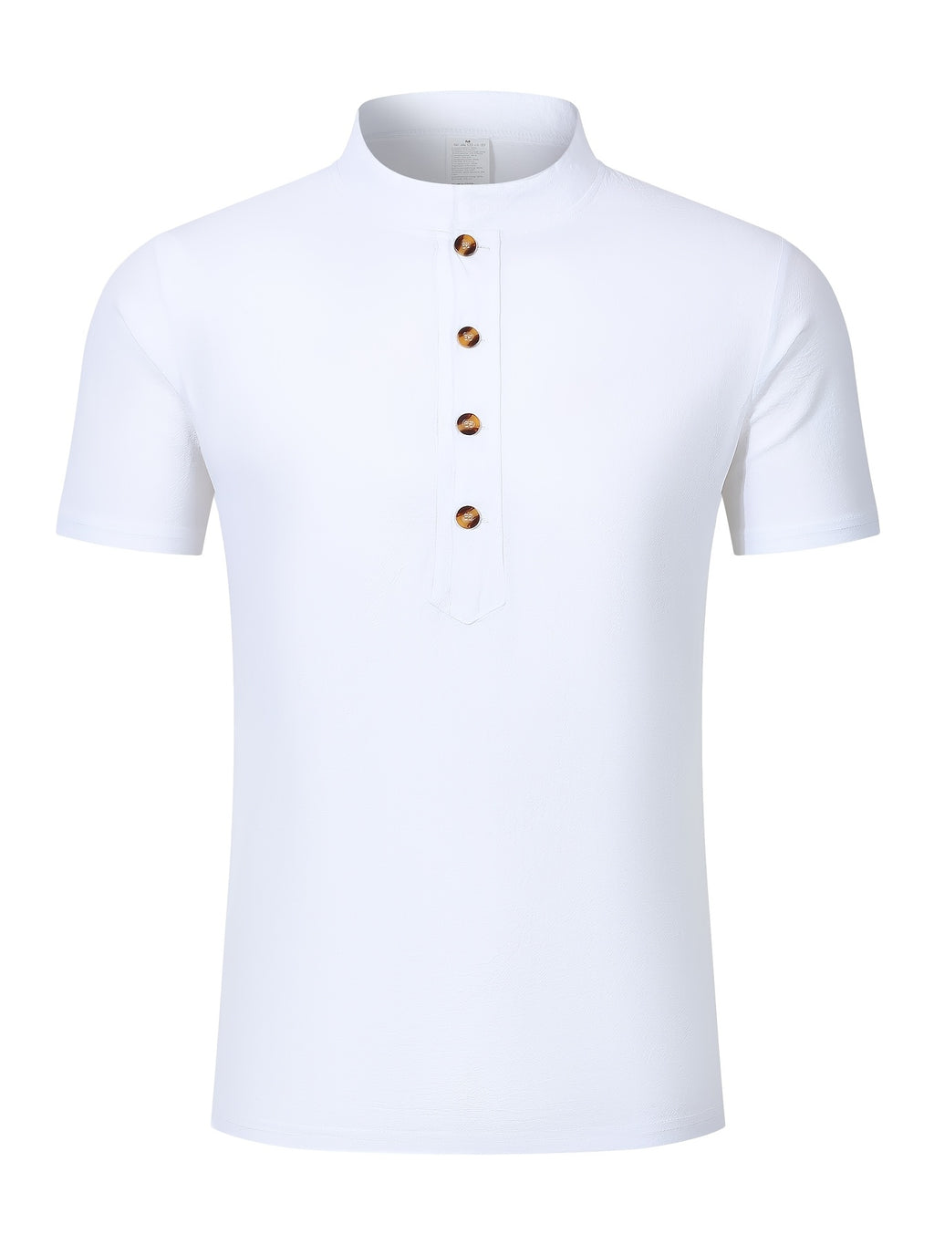Men'S Mandarin Collar Short Sleeve T-Shirt, Stand-Up Collar Half-Open Placket Button-Up Top, Casual Loose All-Match Base Layer, Daily Streetwear - White