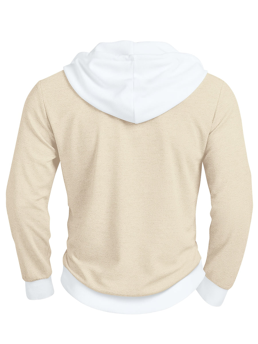 Men'S Casual Sweater Long-Sleeve Outdoor Stitching Hooded Contrast Color Half-Open Placket Design Fashionable Spring And Autumn Henry Hoodie - Khaki