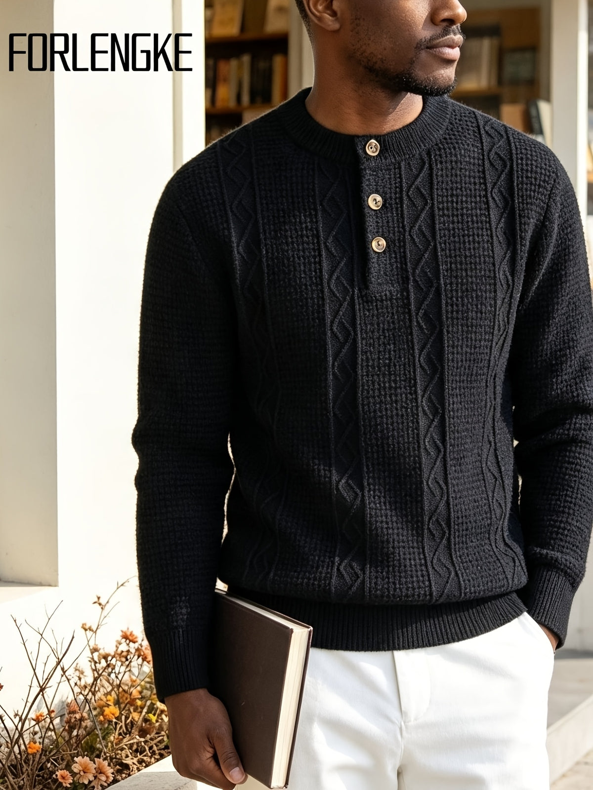 FORLENGKE Men's Intercity Light Travel Relaxed Style Textured Knit Henley Neck Sweater, Half-Open Collar Design Balances Formal and Casual, Durable Dense Knit Construction, Suitable for Autumn/Winter Short-Distance Business Trips, Road Trips - Black