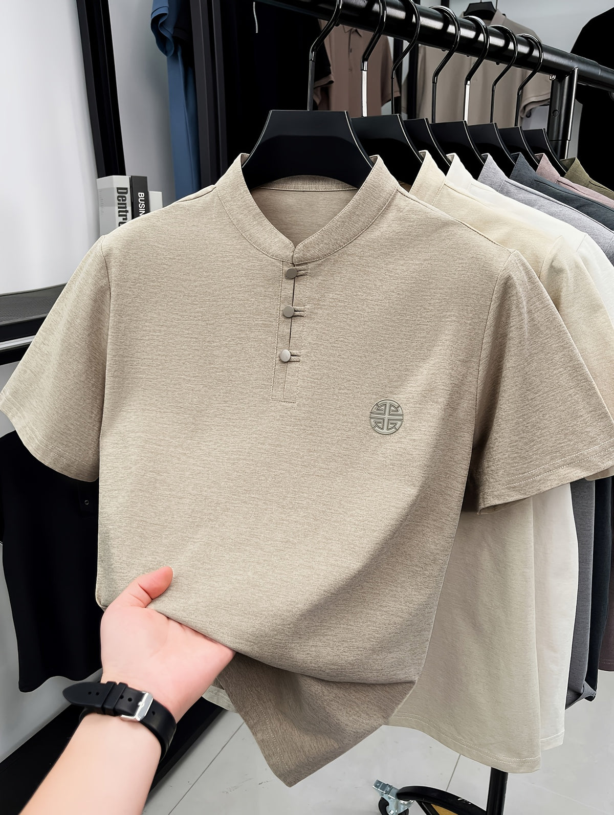 Men's Chinese Mandarin Button-Up Stand Collar T-Shirt - Breathable Loose Fit Short Sleeve Round Neck Top with Mandarin Collar, Suitable for Casual Wear, Traditional Chinese Style Button Collar Shirt - Khaki