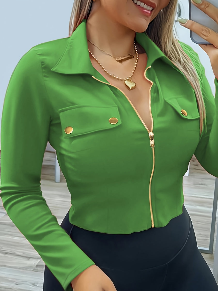 Women's Slim-Fit Lapel Zip Casual Solid Long Sleeve Shirt - Green