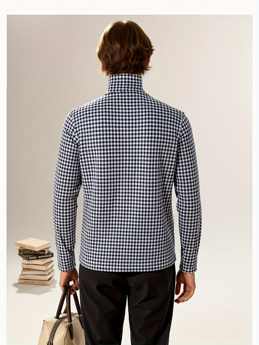 Nordic Vintage High-Neck Plaid Long-Sleeve T-Shirt for Men, Thickened for Autumn And, Soft And Warm, with a Luxurious Feel, Perfect As a Base Layer for Trendy Couples And Youth - Black And White Grid