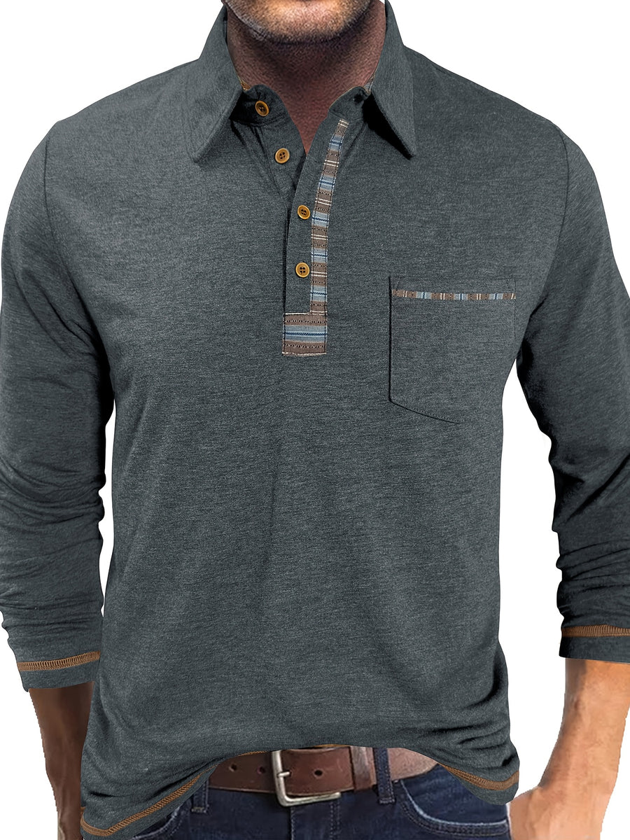 Men'S Retro Trendy Fashion Lapel Long Sleeve Polo Shirt, Casual Stylish Pocket Top T-Shirt - Dark Gray