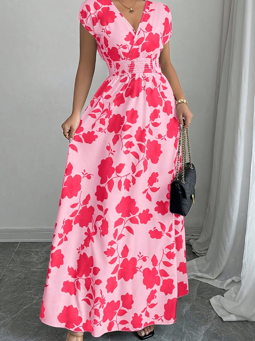 Elegant Pink Floral Maxi Dress with V-Neck and Short Sleeves - Flowing A-Line Silhouette, Cinched Waist, Perfect for Spring/Fall, Casual to Formal Wear, Casual Elegant Wear | Floral Print Dress | Cinched Waist Design - Pink